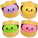 4 Pack Dumpling Squishy Stress Balls, Stress Relief Toys for Adults Boys Girls, Steamer Basket Design and Squeezable Bun with Cute Smile Face, Sensory Fidget Toys for Kids Party Favors Gifts