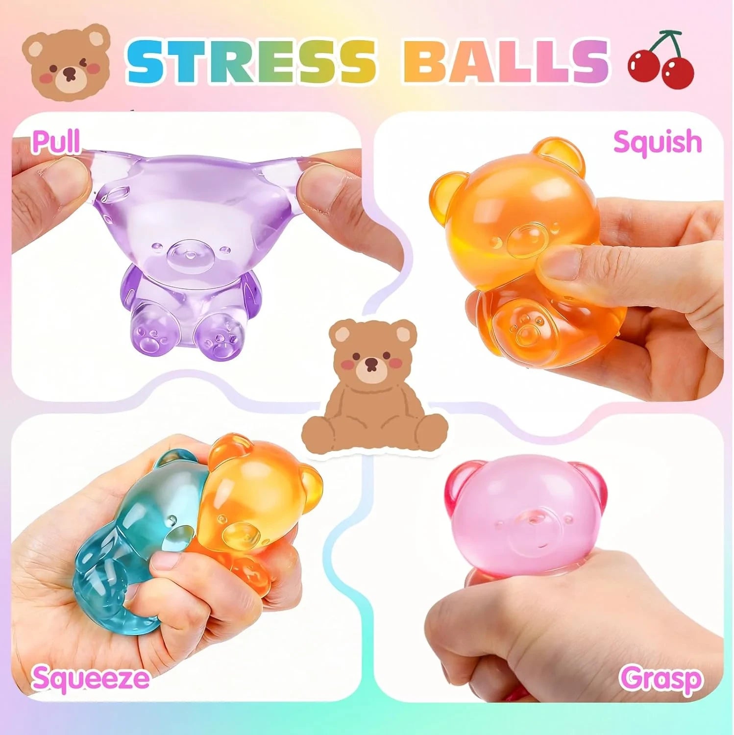 VISCOO 4 Pack Stress Bear Squishy Ball, Sugar Filled Gummy Bear Toys, Taba Squishy Toys for Kids Stress Relief, High Density Stress Balls for Calming - Soft Squeeze Balls Party Favors Birthday Gifts