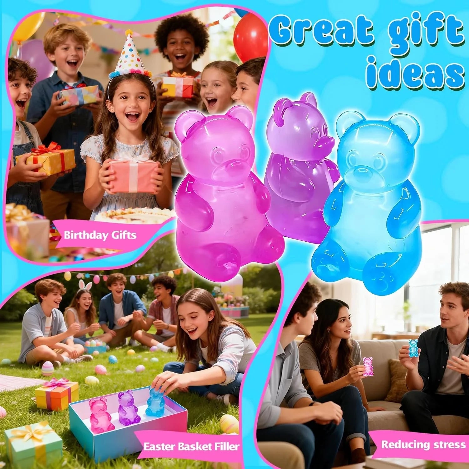 3 Pcs Easter Cute Gummy Bear Stress Relief Stress Ball, Slow Rising Squishy Squeeze Anxiety Relief & Focus Toy, Sensory Fidget Toys for Adults, Teens, Autistic ,ADHD, Classroom Prize，Party Favors
