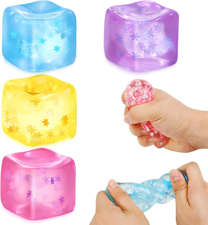 Fidget Toy Stress Cube- 4 Pack Sensory Squeeze Toys, Slow Rising Squishy Cube Filled with Thick Substance and Snowflakes Crafts, Anxiety Stress Relief Calming Tool for Adults and Kids - US 7057
