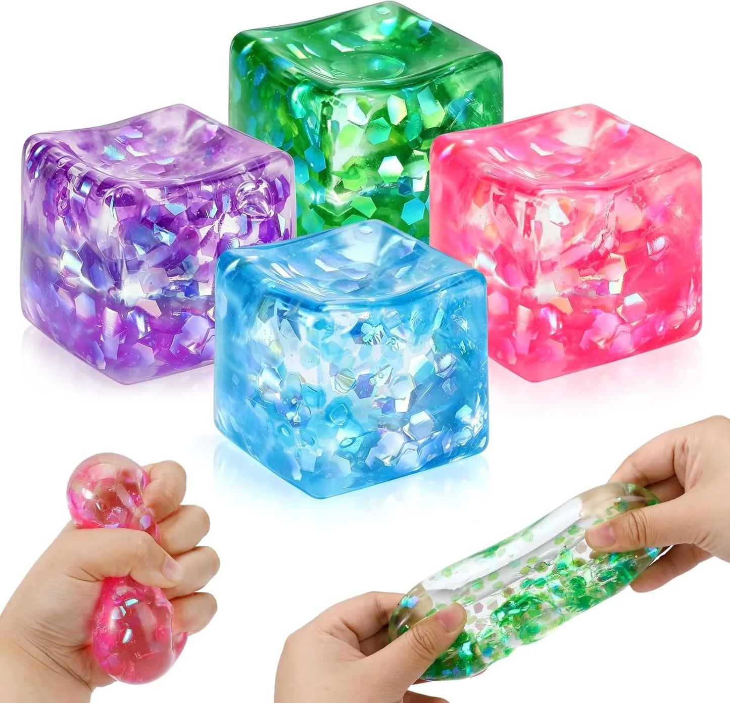 4 Pack Glitter Ice Cube Squishy, Slow Rising Stress Relief Toys, Square Stree Balls Fidget Toys for Adults Boys Girls, Squeeze Ball Sensory Toys for Kids with Autism, Party Favors Gifts - US 3798