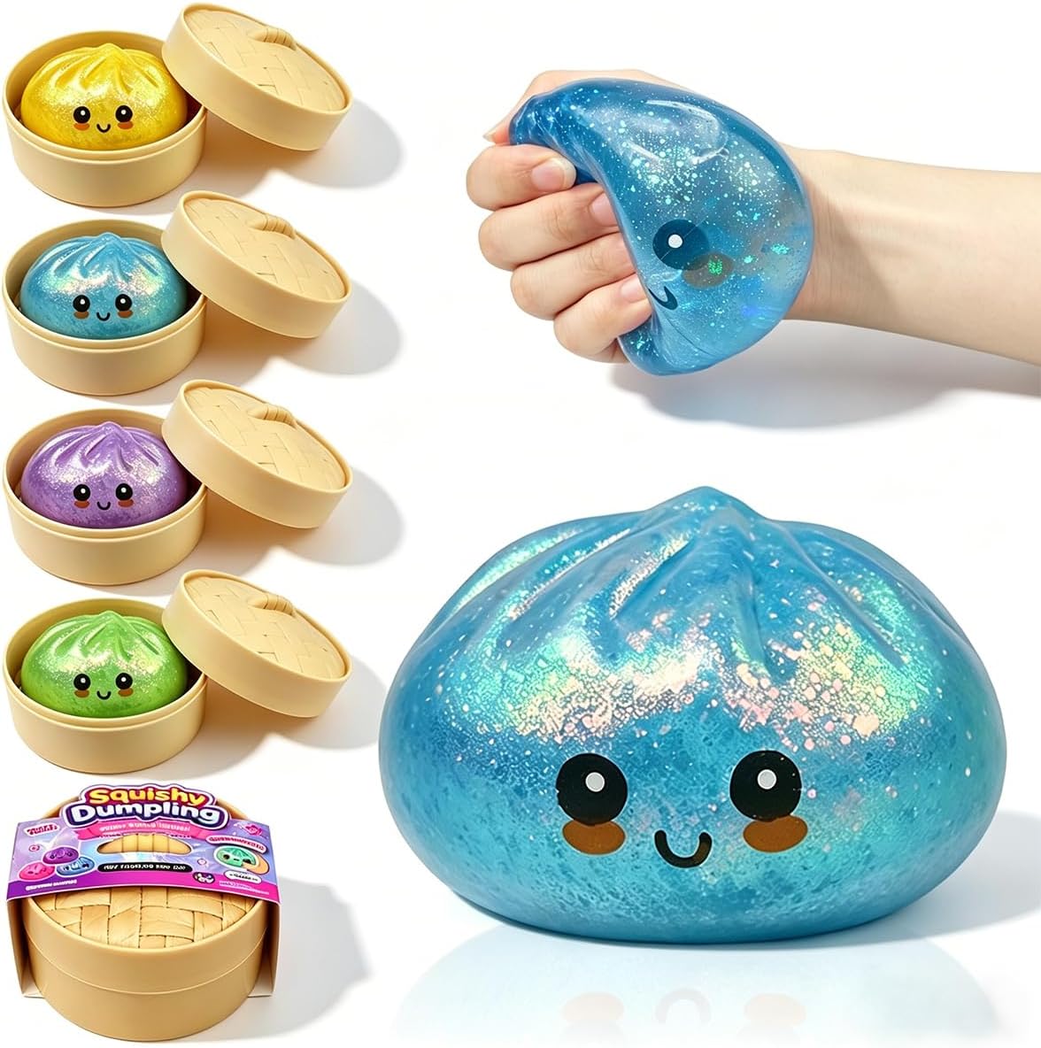 Anditoy Dumpling Stress Balls Glitter Squishy Toys Giant Squishy Mystery Box Squeeze Toys for Adults Stress Relief Desk Toys Kids Party Favors Birthday Gifts (Blue) - US 2243