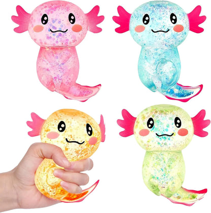Sezua Squishy Fidget Stress Ball - 4 Pack Taba Squishies Squeeze Sensory Axolotl Toys, Axolotl Squishy Sugar Stress Ball Toys for Adults Kid, Glitter Salamander Gift for Party Birthday Christmas - US 3555