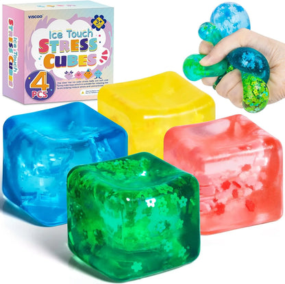 4 Pack Fidget Toy Stress Cube, Slow Rise Stress Balls Ice Cube,Mellow and Chill,Square Squishy Balls for Anxiety Relief,Cube Squishy,Prize Box Toys for Kids Classroom Birthday Gifts Party Favors - US 5745