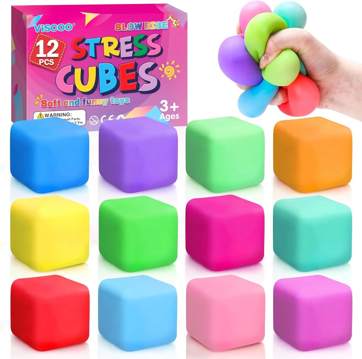 12 Pack Slow Rising Stress Cube, Dough Stress Balls Squishy Fidget Toys for Anxiety Relief, Soft Fidget Cube, Pull Stretch Squishy Toys for Classroom Prize, Party Favors for Kids Adults - US 3536