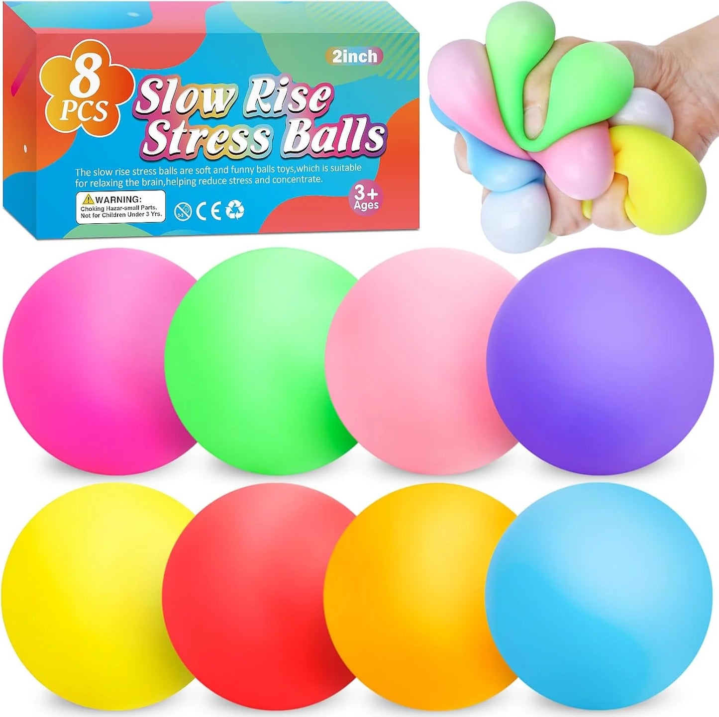 8 Pack Slow Rising Stress Ball,Stress Balls for Kids Adults,Stretchy Fidget Toys for Anxiety Relief,Hand Therapy Sensory Squishy Ball,Squishy Toys,Treasure Prize Box Toys for Kids Classroom - US 1876