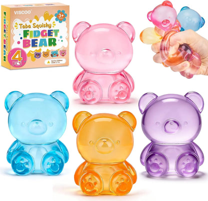 VISCOO 4 Pack Stress Bear Squishy Ball, Sugar Filled Gummy Bear Toys, Taba Squishy Toys for Kids Stress Relief, High Density Stress Balls for Calming - Soft Squeeze Balls Party Favors Birthday Gifts - US 3677