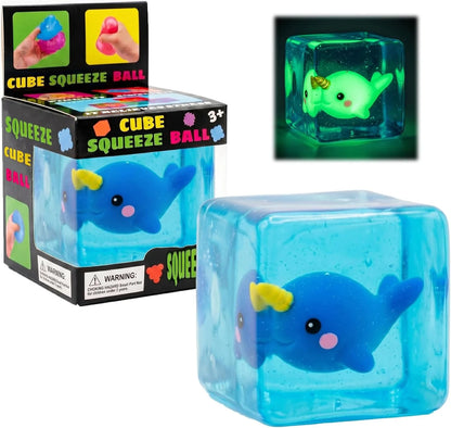 Cube Squeeze Ball Stress Fidget Toy, Glow in the Dark Gel Filled Ice Cube, Slow Rising Squishy Sensory Toy for Anxiety Relief, Kids and Adults (Narwhal) - US 3400