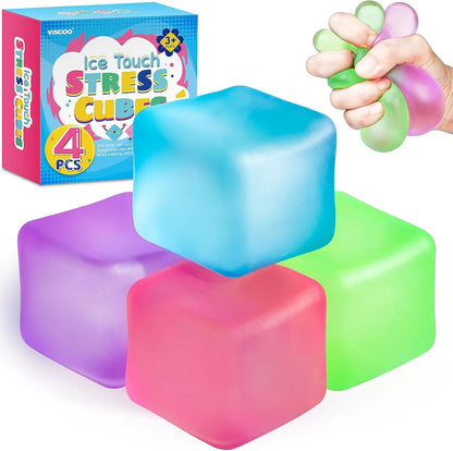 4 Pack Stress Cube, Slow Rising Ice Cube Stress Balls for Adults Kids, Sensory Fidget Toy for Anxiety Relief, Square Shape Squishy Balls for Classroom Prizes, Cube Squishy for Party Favors - US 3938