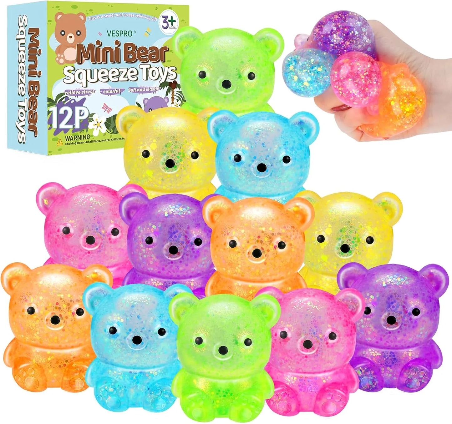12Pack Fidget Toys Squishy ，Cute Bear Squeeze Ball , Bulk Squishy Fidget Squeeze Play Toys，Pull Stretch Classroom Prize Party Favors Toys for Kids - US 1874