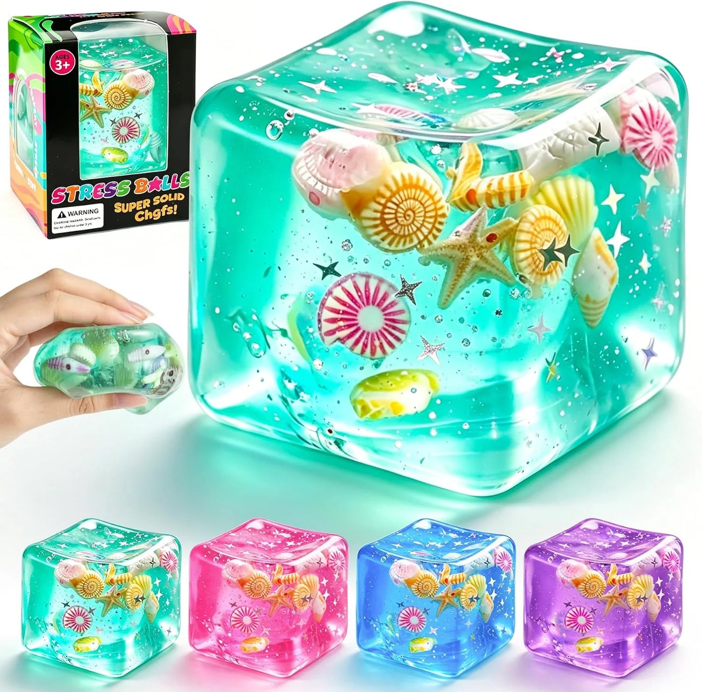 1Pc Ice Cube Squishy Stress Balls,Slow Rising Sensory Fidget Toy with Marine Shells Inside Square Soft Sensory Anxiety Relief Squeeze Cube for Adults Teens Kids(Green) - US 2003