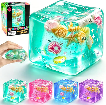 1Pc Ice Cube Squishy Stress Balls,Slow Rising Sensory Fidget Toy with Marine Shells Inside Square Soft Sensory Anxiety Relief Squeeze Cube for Adults Teens Kids(Green) - US 2003