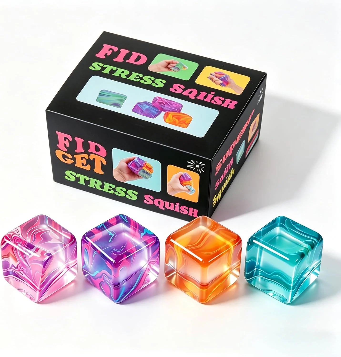 4Pack Fidget Toys Mini Squishy Stress Cube, Stress Balls for Kids, Adults Squishies Anxiety Stress Relief, Ice Squishy Cube Sugar Balls, Sensory Toys for Kids with Autism, Fidgets for Classroom Prize - US 7451