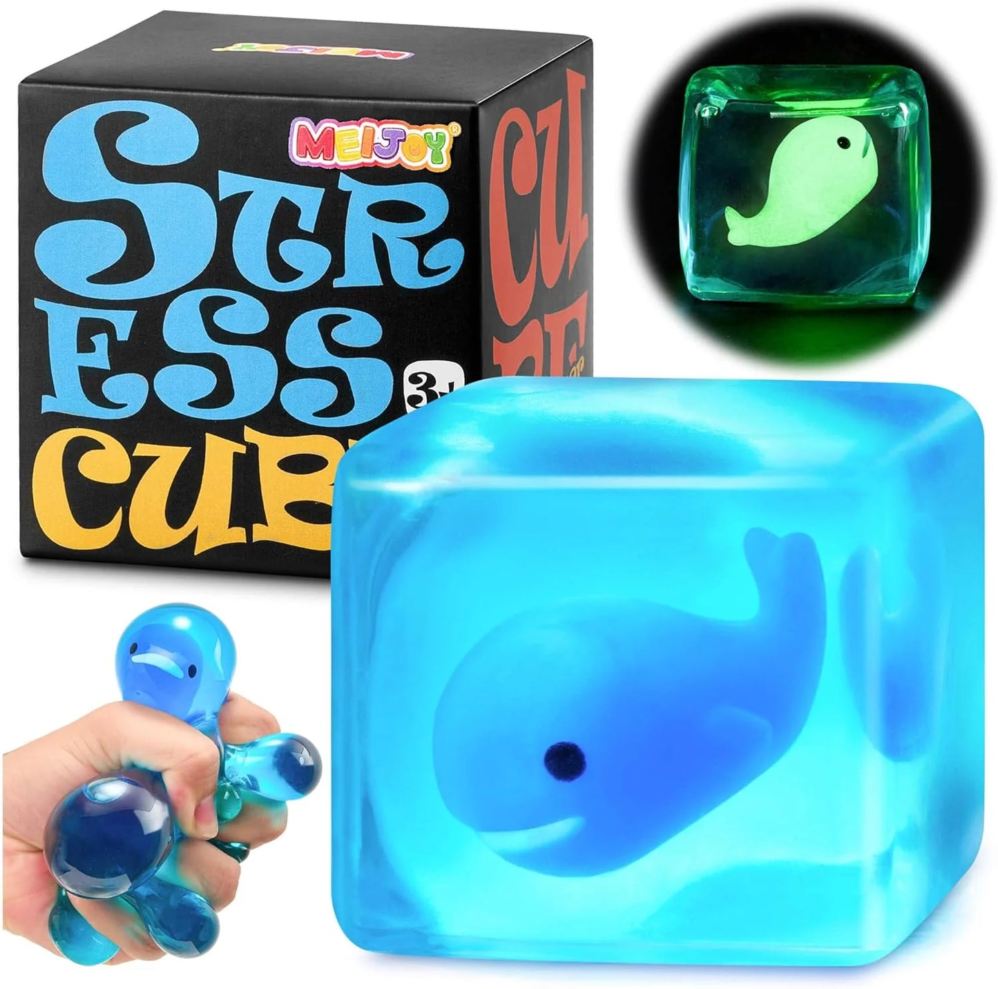 Stress Cube Squishy Fidget Toys Kids Adults - Glow in The Dark Whale Squish Toy Sensory Toys for Kids with Autism Stress Balls for Kids Squeeze Toys for Anxiety Stress Relief Easter Basket Stuffers - US 4185